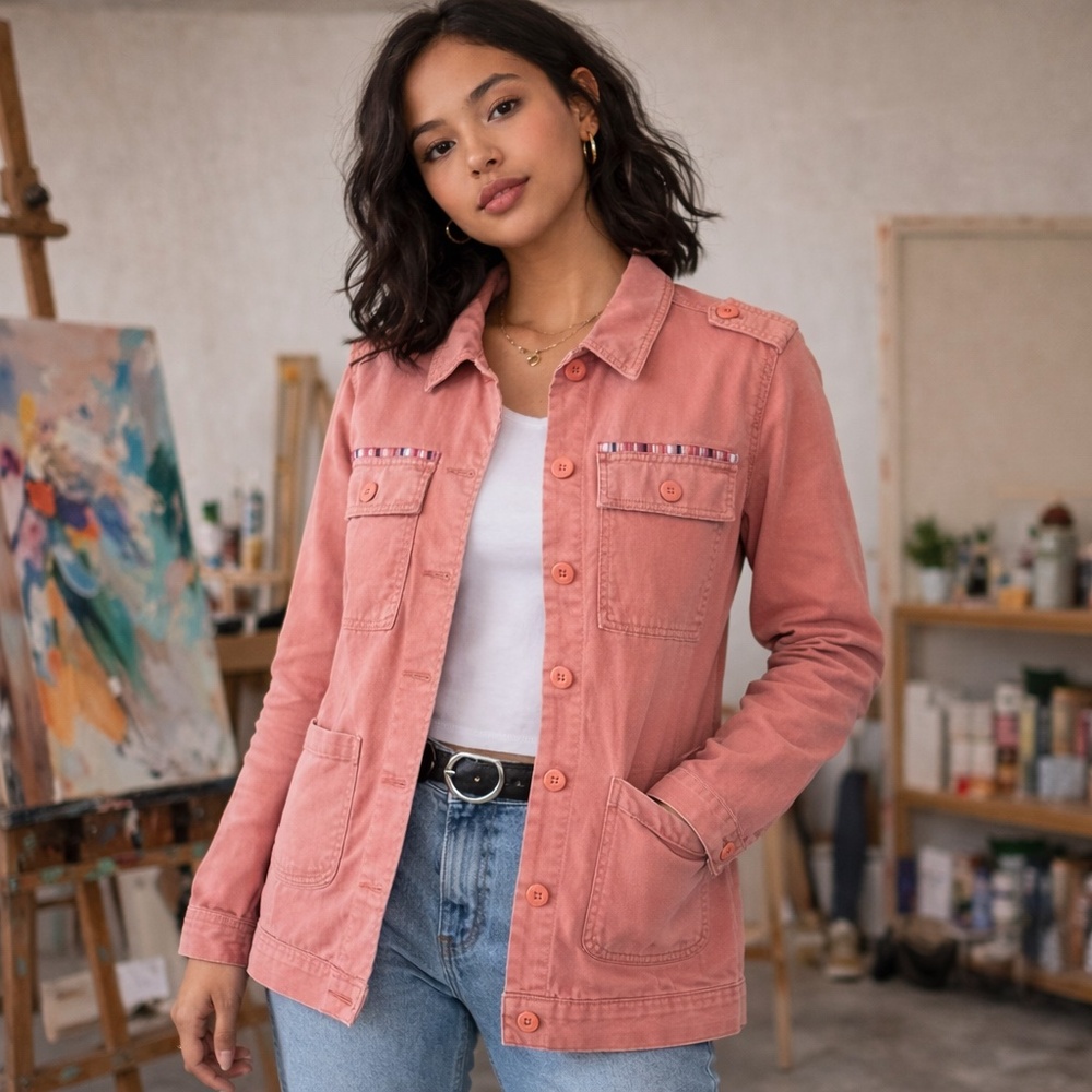 GAP Vintage‎ Pale Pink Denim Jacket – Y2K Utility Style Embroidery accents